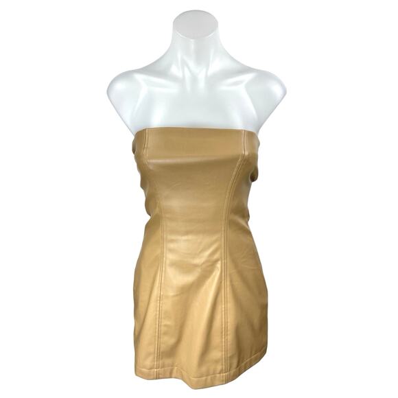 Princess Polly Beige Tan Faux Leather Vegan Bandeau Tube Sheath Mini Dress 2 - Picture 1 of 4